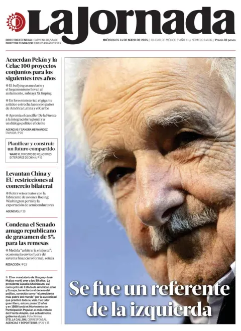 Portada de La Jornada del miércoles, 14 de mayo de 2025
