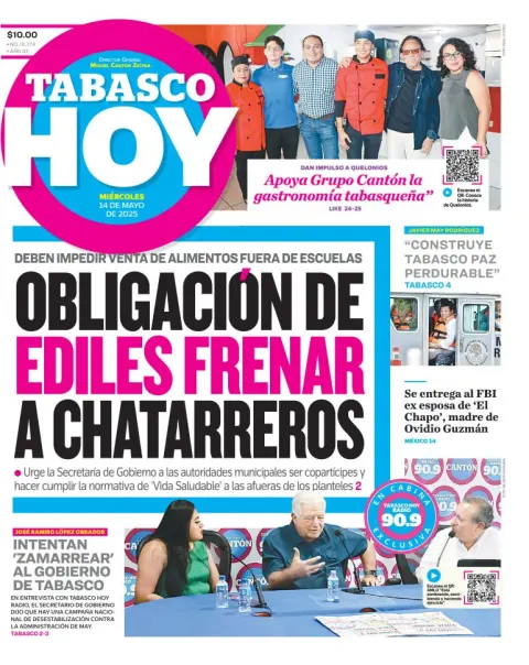Portada de Tabasco Hoy del miércoles, 14 de mayo de 2025
