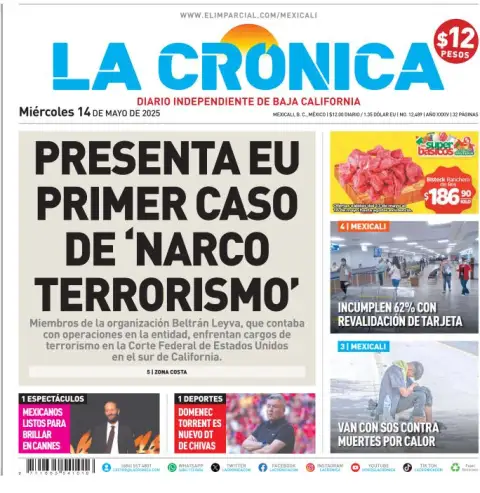 Portada de La Cronica del miércoles, 14 de mayo de 2025