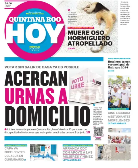 Portada de Quintana Roo Hoy del miércoles, 14 de mayo de 2025