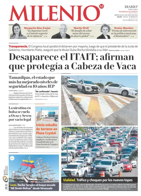 Portada de Milenio Tamaulipas del miércoles, 14 de mayo de 2025