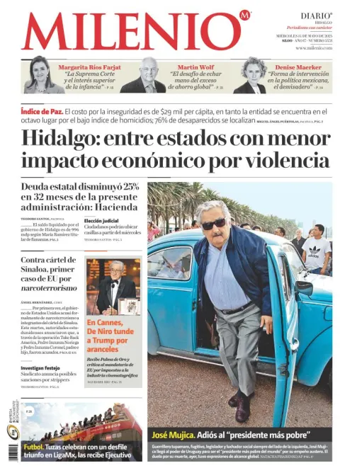 Portada de Milenio Hidalgo del miércoles, 14 de mayo de 2025