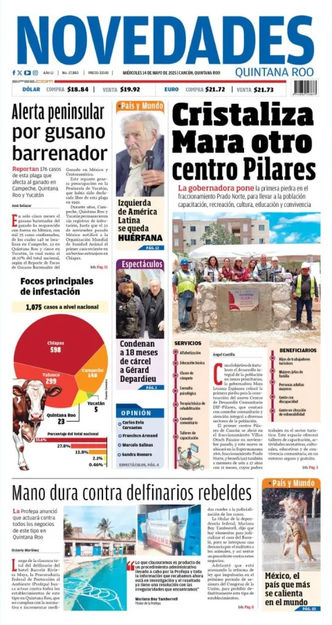 Portada de Novedades Quintana Roo del miércoles, 14 de mayo de 2025