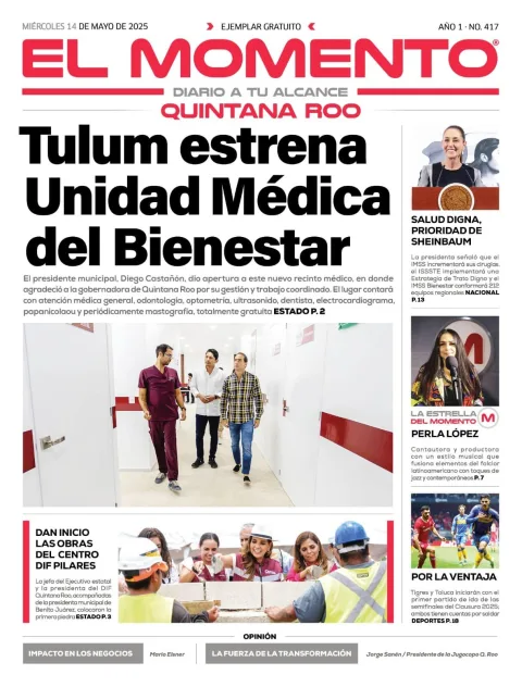 Portada de El Momento Quintana Roo del miércoles, 14 de mayo de 2025