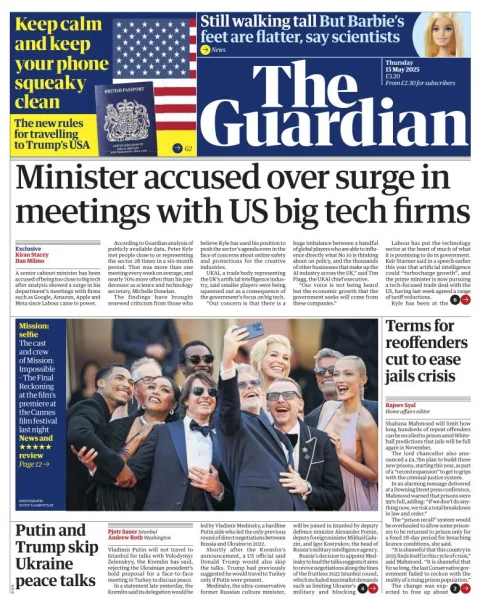 Portada de The Guardian (reino Unido) del jueves, 15 de mayo de 2025