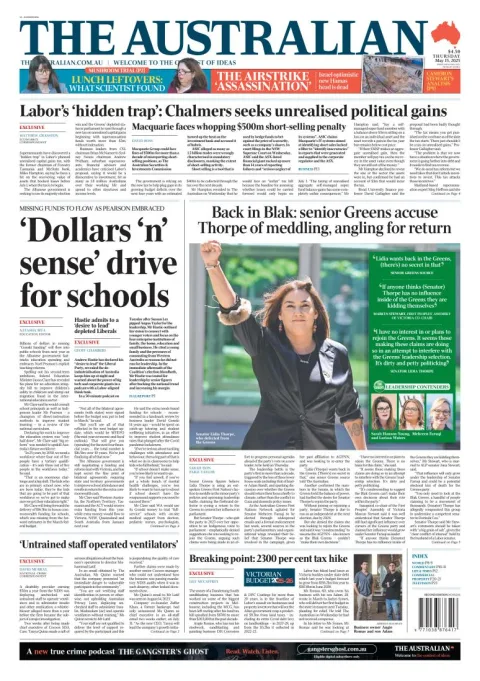Portada de The Australian del jueves, 15 de mayo de 2025