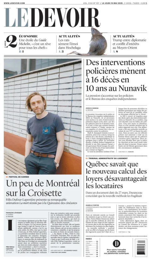Portada de Le Devoir del jueves, 15 de mayo de 2025