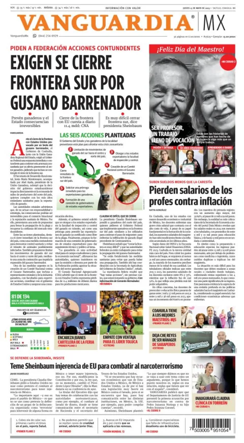 Portada de Vanguardia del jueves, 15 de mayo de 2025