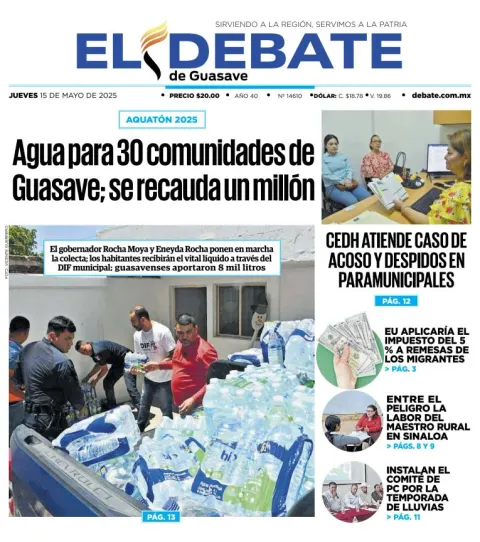 Portada de El Debate de Guasave del jueves, 15 de mayo de 2025