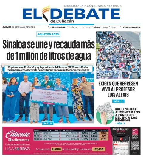 Portada de El Debate de Culiacan del jueves, 15 de mayo de 2025