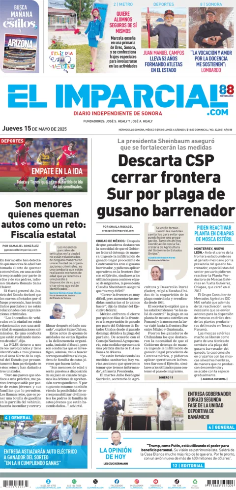 Portada de El Imparcial del jueves, 15 de mayo de 2025