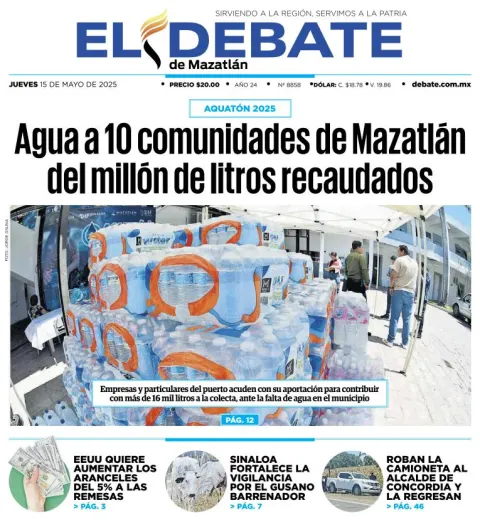 Portada de El Debate de Mazatlan del jueves, 15 de mayo de 2025