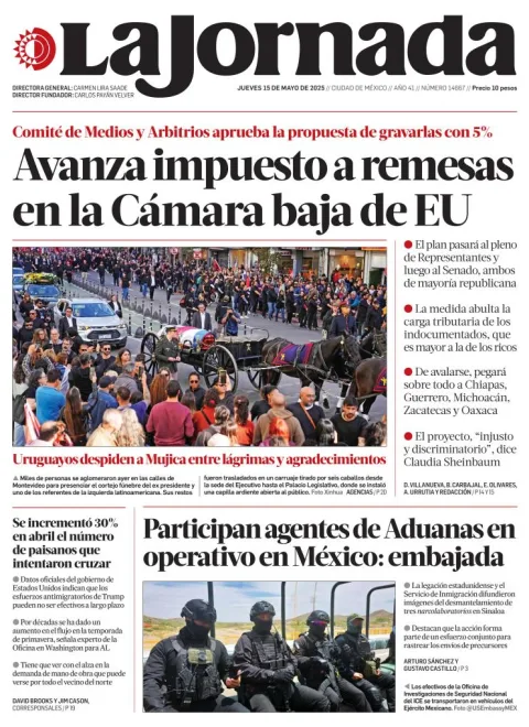 Portada de La Jornada del jueves, 15 de mayo de 2025