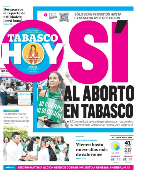 Portada de Tabasco Hoy del jueves, 15 de mayo de 2025