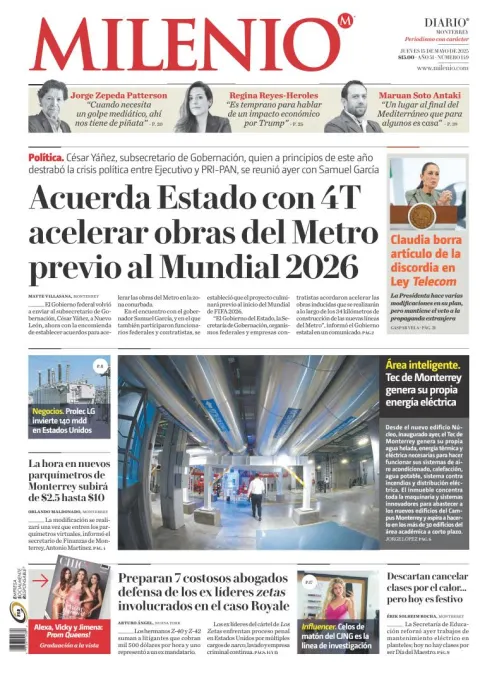 Portada de MILENIO del jueves, 15 de mayo de 2025