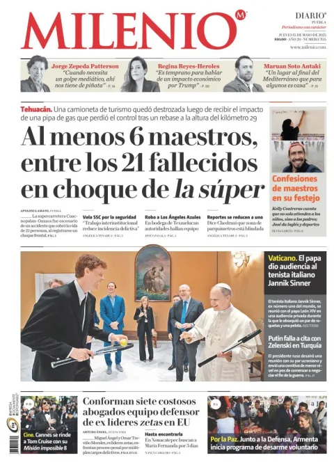 Portada de Milenio Puebla del jueves, 15 de mayo de 2025