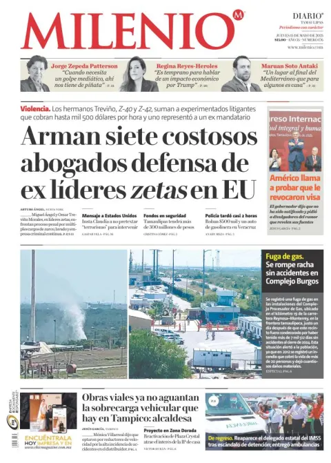 Portada de Milenio Tamaulipas del jueves, 15 de mayo de 2025