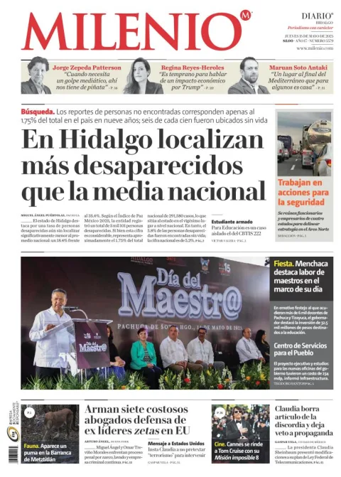 Portada de Milenio Hidalgo del jueves, 15 de mayo de 2025