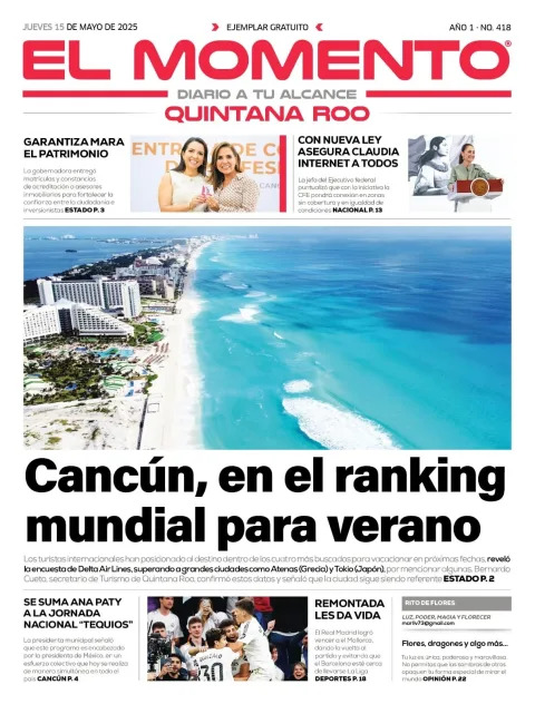 Portada de El Momento Quintana Roo del jueves, 15 de mayo de 2025