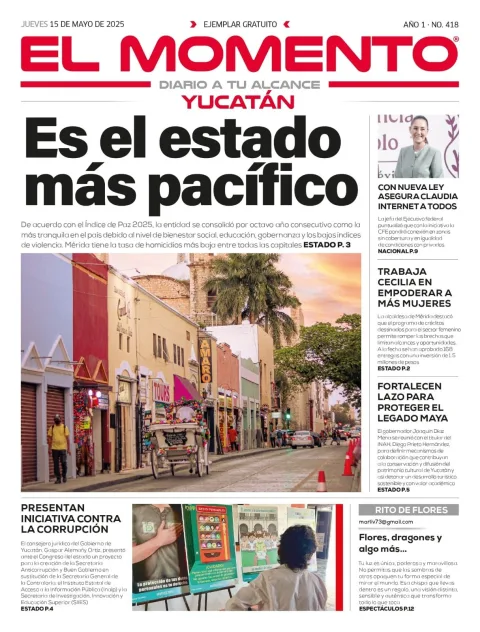 Portada de El Momento Yucatan del jueves, 15 de mayo de 2025