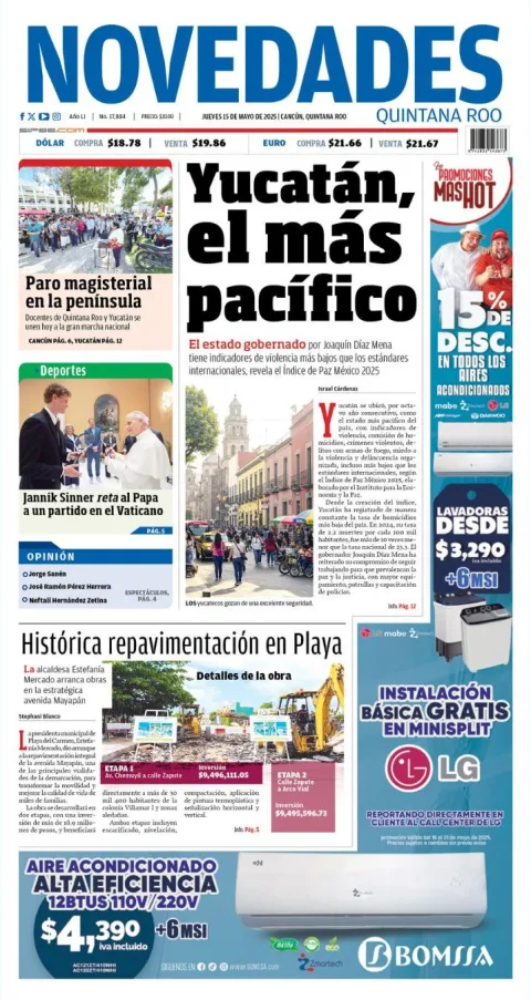 Portada de Novedades Quintana Roo del jueves, 15 de mayo de 2025