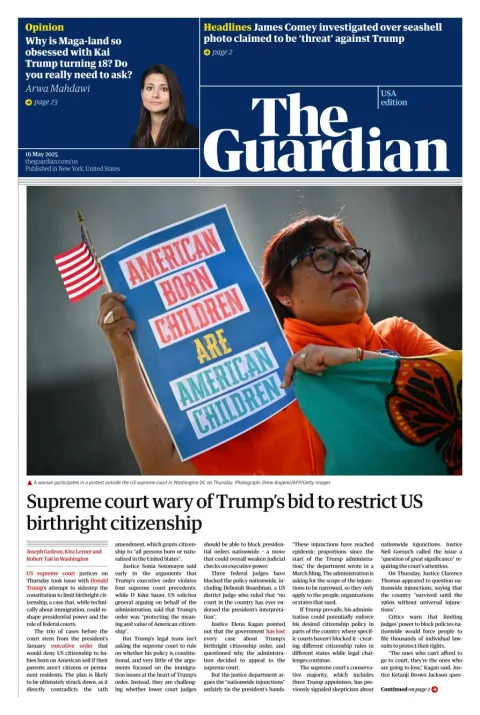 Portada de The Guardian (usa) del viernes, 16 de mayo de 2025