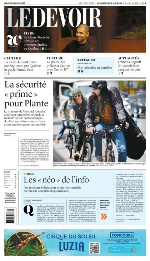 Portada de Le Devoir del viernes, 16 de mayo de 2025