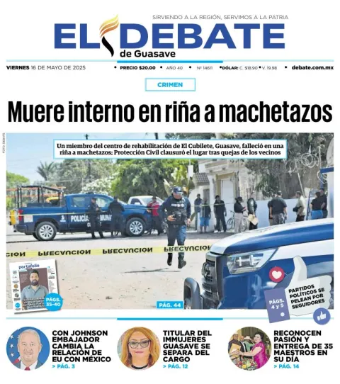 Portada de El Debate de Guasave del viernes, 16 de mayo de 2025