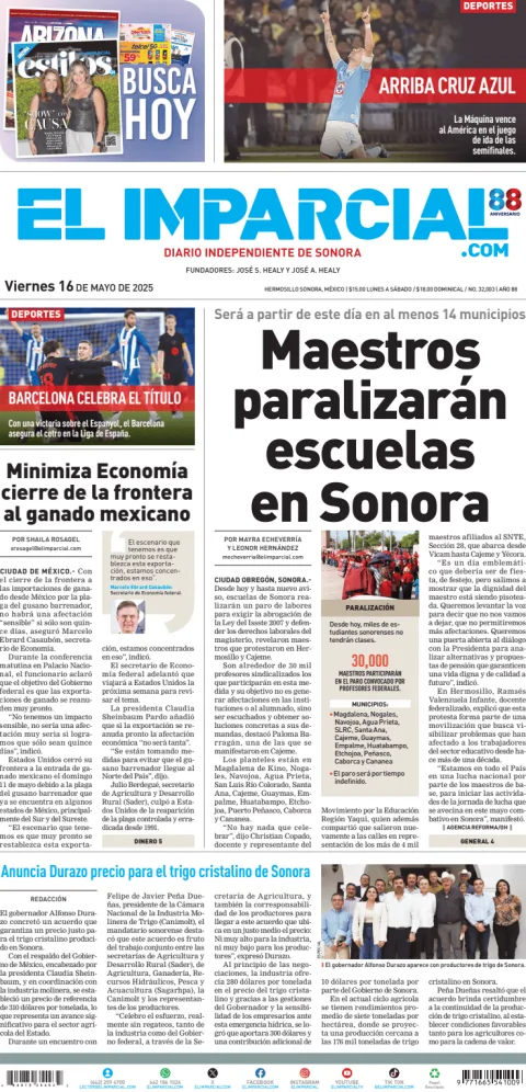 Portada de El Imparcial del viernes, 16 de mayo de 2025