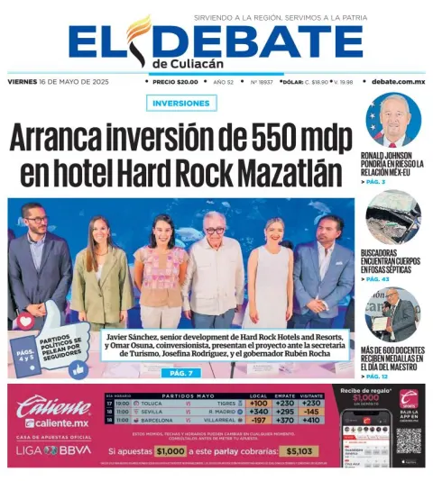 Portada de El Debate de Culiacan del viernes, 16 de mayo de 2025