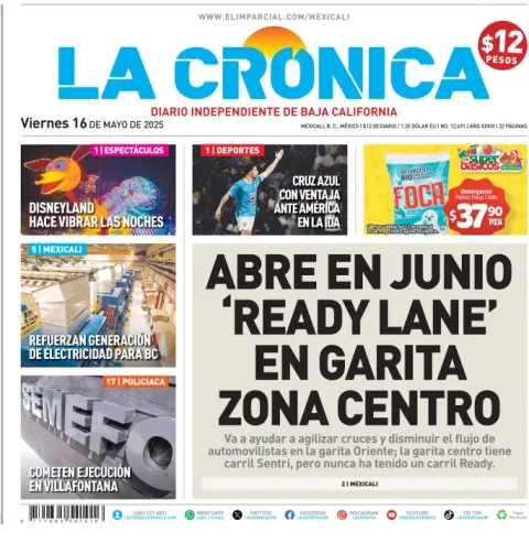 Portada de La Cronica del viernes, 16 de mayo de 2025
