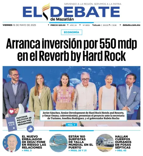 Portada de El Debate de Mazatlan del viernes, 16 de mayo de 2025