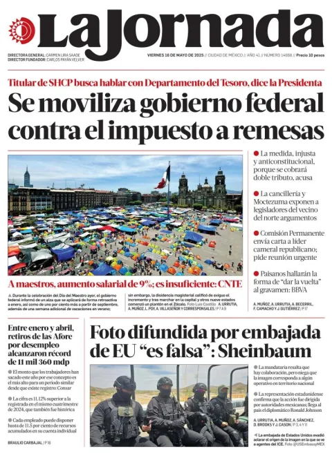 Portada de La Jornada del viernes, 16 de mayo de 2025