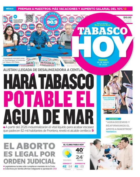 Portada de Tabasco Hoy del viernes, 16 de mayo de 2025