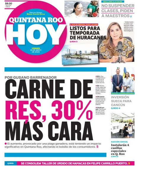 Portada de Quintana Roo Hoy del viernes, 16 de mayo de 2025