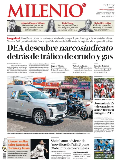 Portada de Milenio del viernes, 16 de mayo de 2025