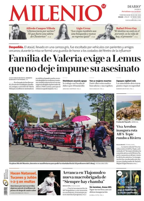 Portada de Milenio Jalisco del viernes, 16 de mayo de 2025