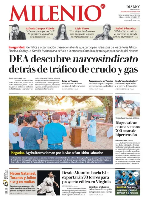 Portada de Milenio Tamaulipas del viernes, 16 de mayo de 2025