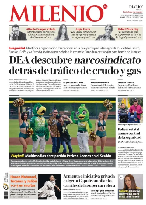 Portada de Milenio Puebla del viernes, 16 de mayo de 2025