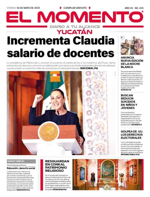Portada de El Momento Yucatan del viernes, 16 de mayo de 2025