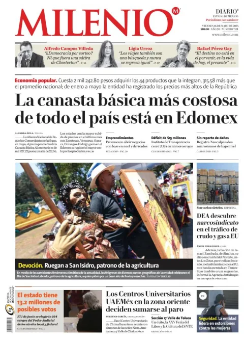 Portada de Milenio Edo de Mexico del viernes, 16 de mayo de 2025