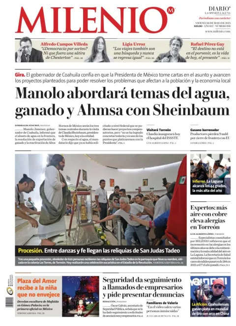 Portada de Milenio Laguna del viernes, 16 de mayo de 2025