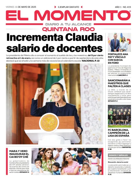 Portada de El Momento Quintana Roo del viernes, 16 de mayo de 2025