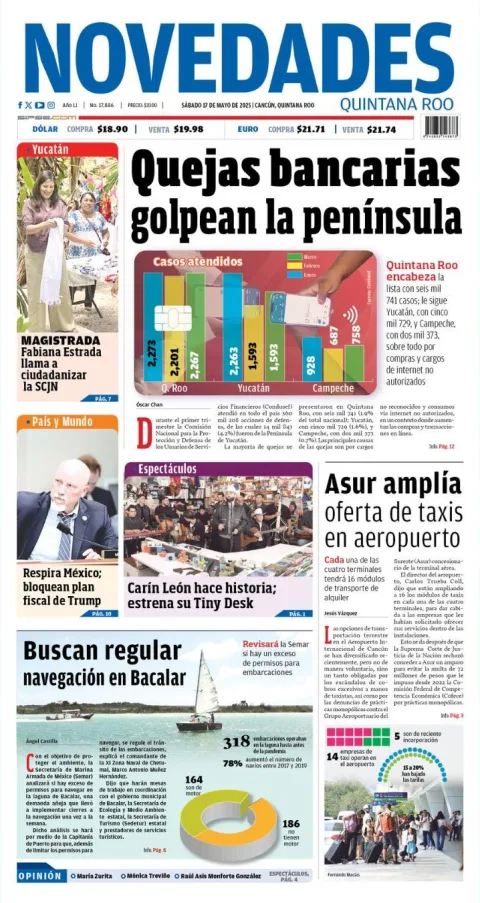 Portada de Novedades Quintana Roo del sábado, 17 de mayo de 2025