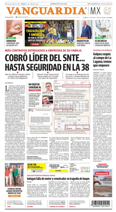 Portada de Vanguardia del lunes, 19 de mayo de 2025