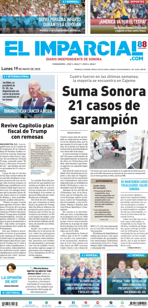 Portada de El Imparcial del lunes, 19 de mayo de 2025