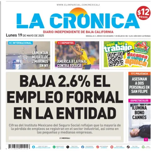 Portada de La Cronica del lunes, 19 de mayo de 2025