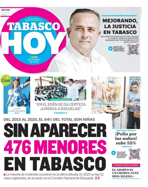 Portada de Tabasco Hoy del lunes, 19 de mayo de 2025