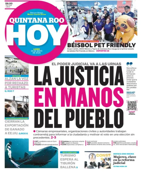 Portada de Quintana Roo Hoy del lunes, 19 de mayo de 2025