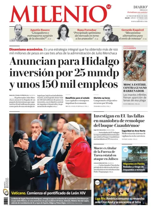 Portada de Milenio Hidalgo del lunes, 19 de mayo de 2025